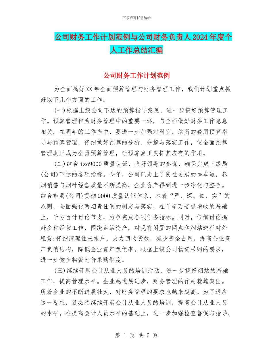 公司财务工作计划范例与公司财务负责人2024年度个人工作总结汇编_第1页