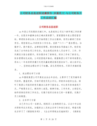 公司财务总监述职述廉报告与公司财务月工作总结汇编