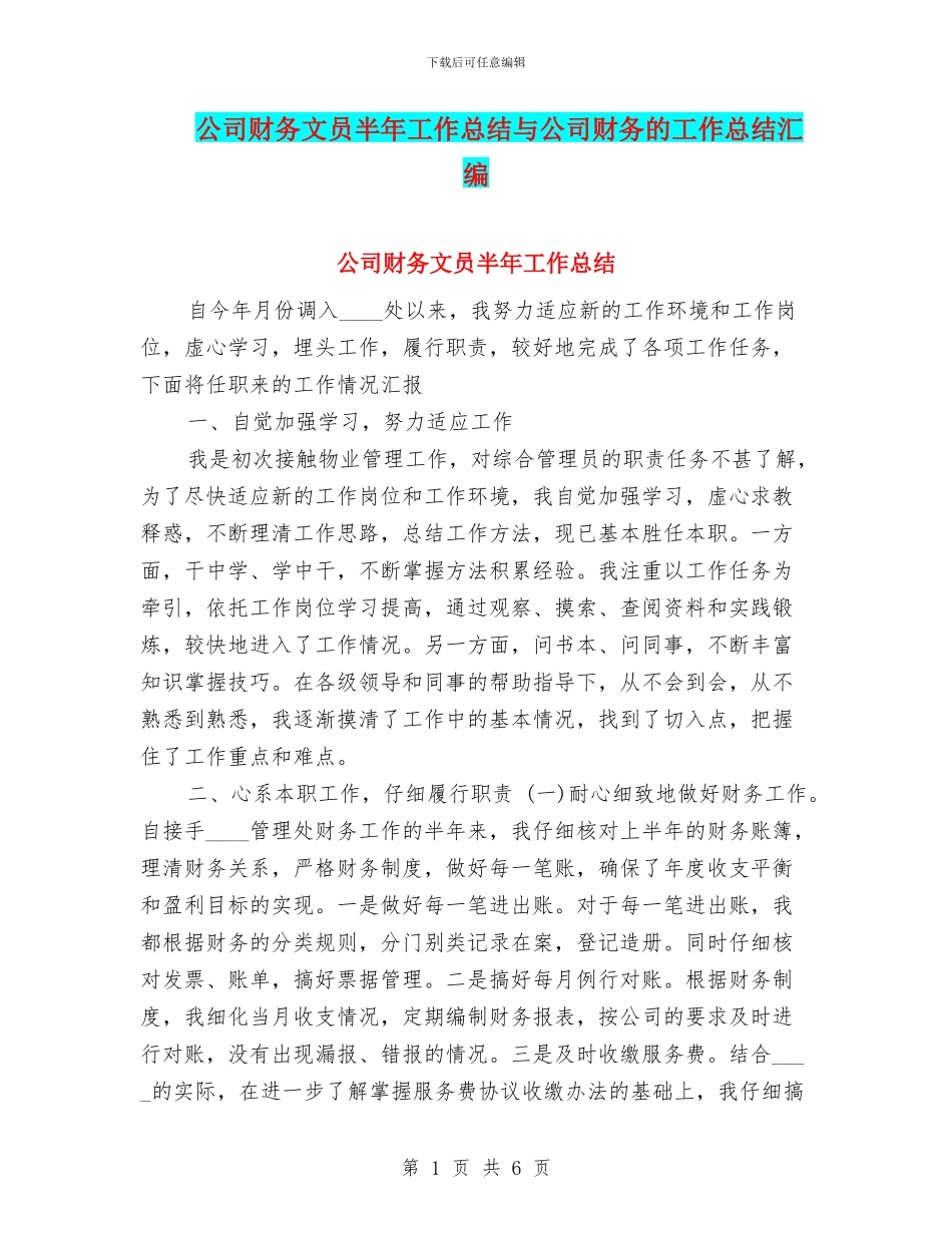 公司财务文员半年工作总结与公司财务的工作总结汇编_第1页