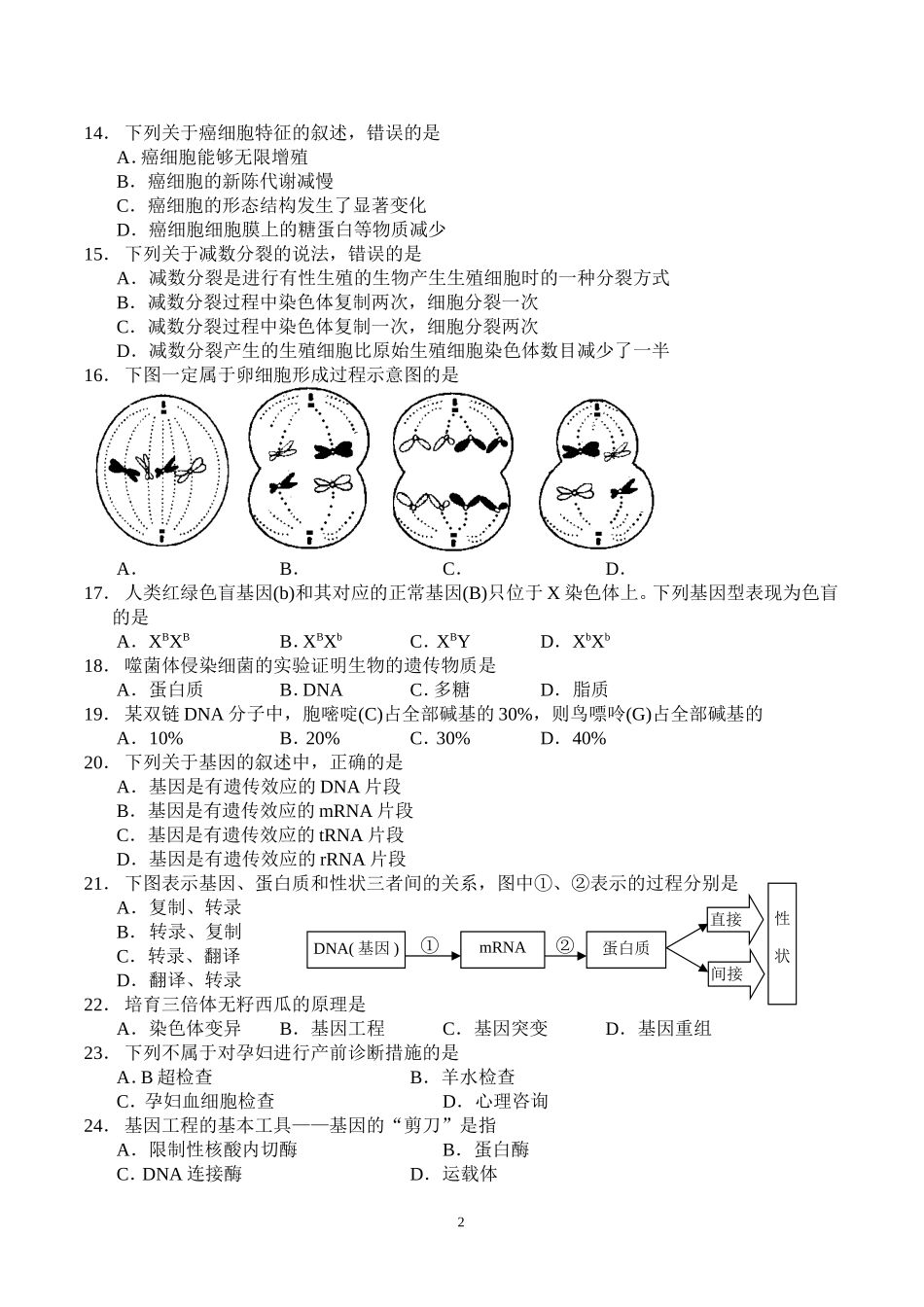 2014年湖南省普通高中学业水平考试生物试卷及答案_第2页