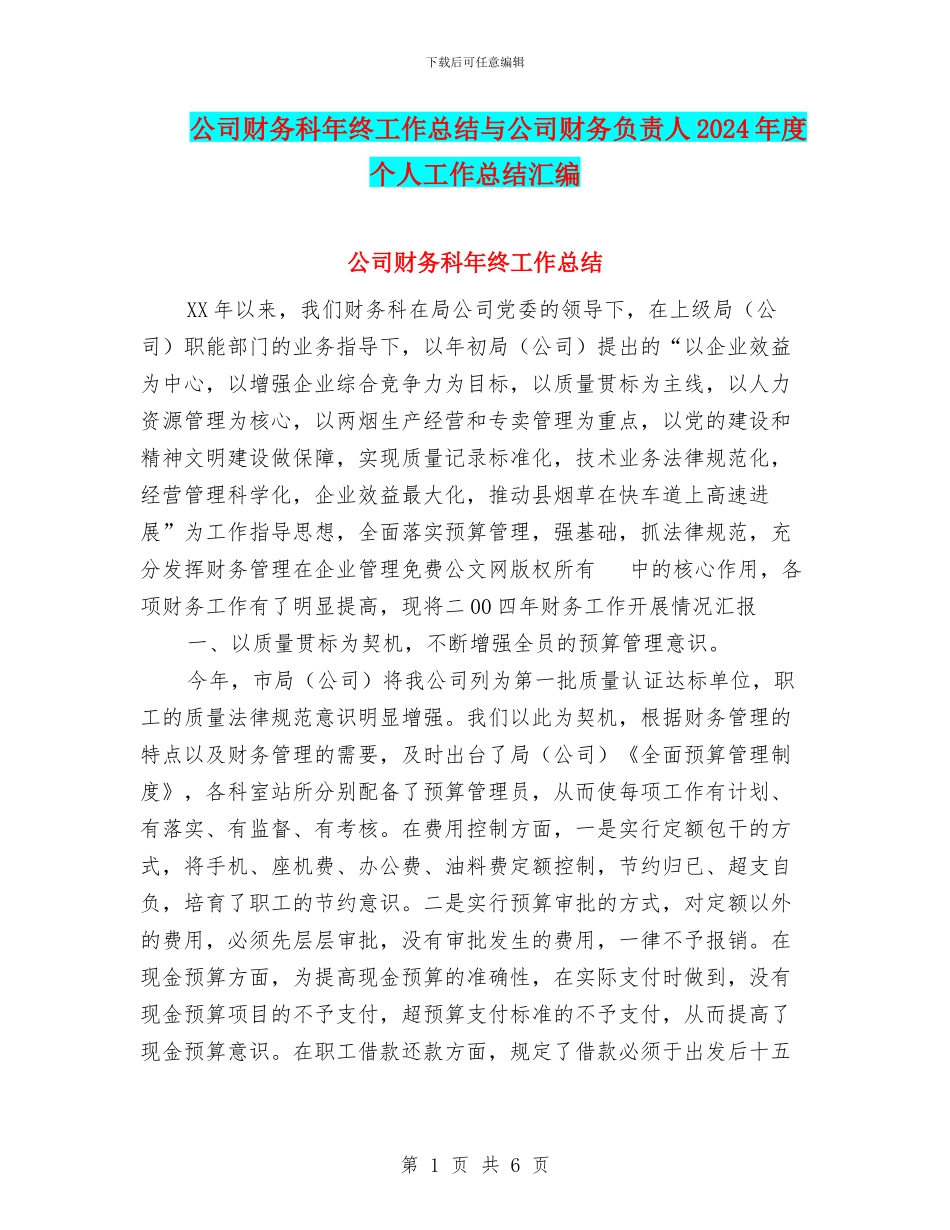 公司财务科年终工作总结与公司财务负责人2024年度个人工作总结汇编_第1页