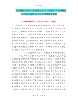 公司财务科某年工作总结及2024工作要点与公司财务部2024年终工作总结及述职报告汇编