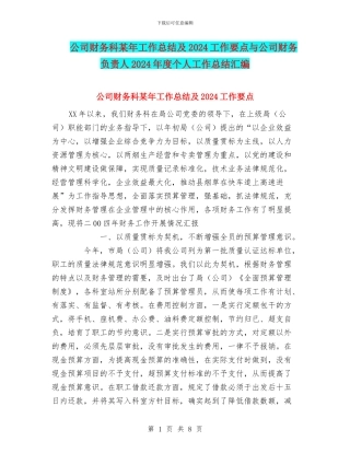 公司财务科某年工作总结及2024工作要点与公司财务负责人2024年度个人工作总结汇编