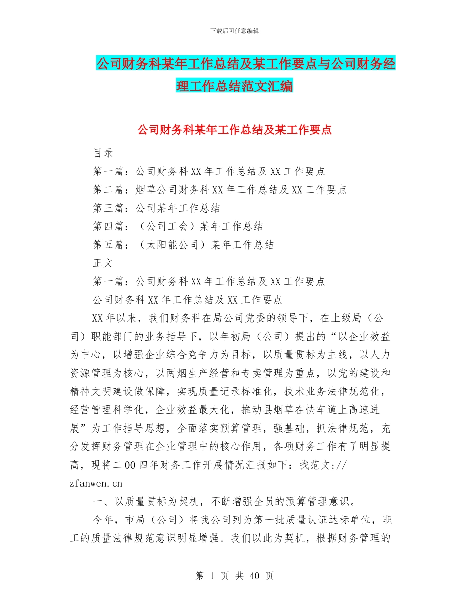 公司财务科某年工作总结及某工作要点与公司财务经理工作总结范文汇编_第1页