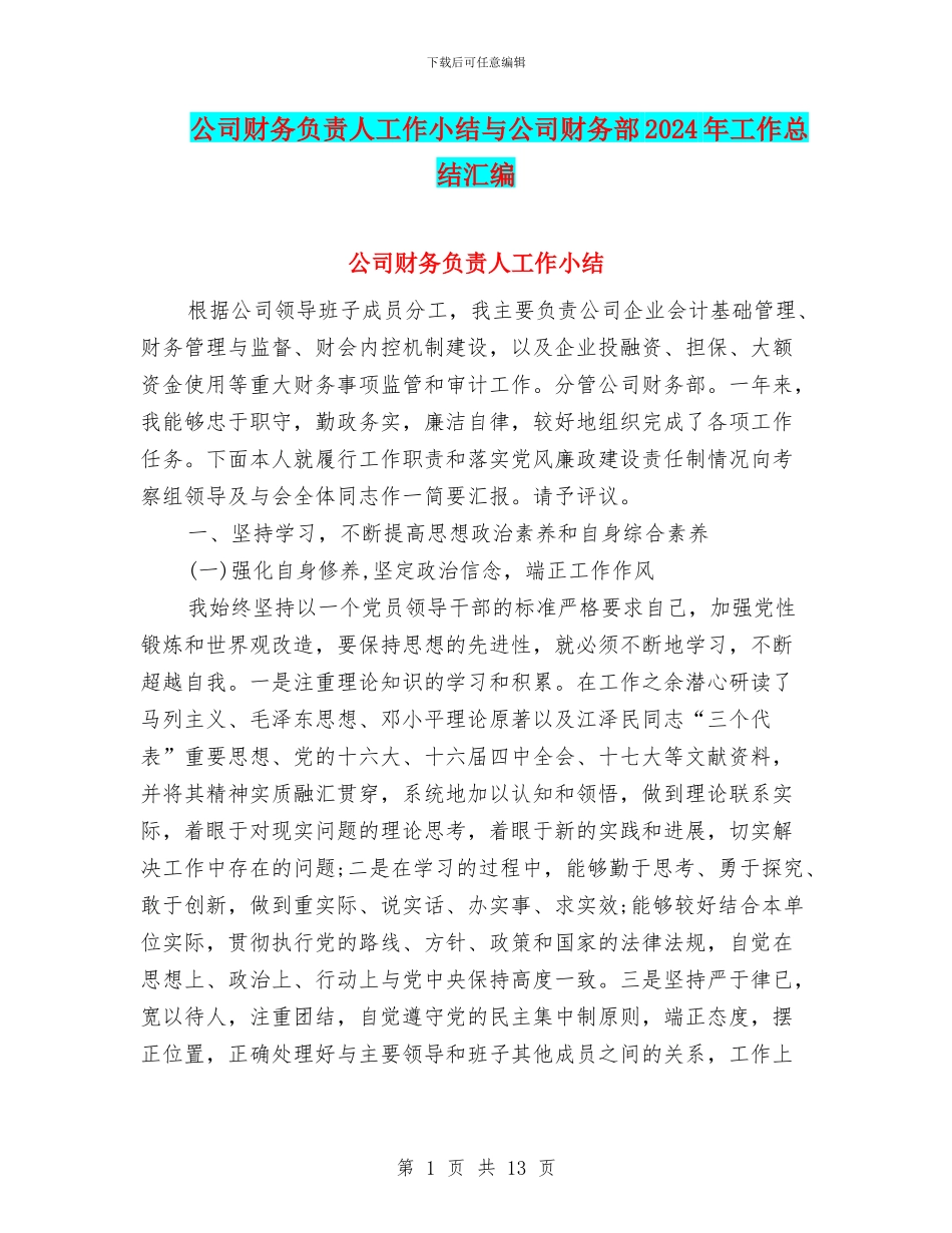 公司财务负责人工作小结与公司财务部2024年工作总结汇编_第1页
