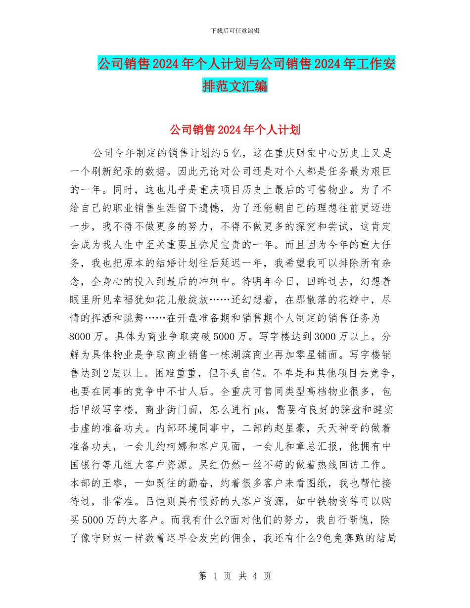 公司销售2024年个人计划与公司销售2024年工作安排范文汇编_第1页