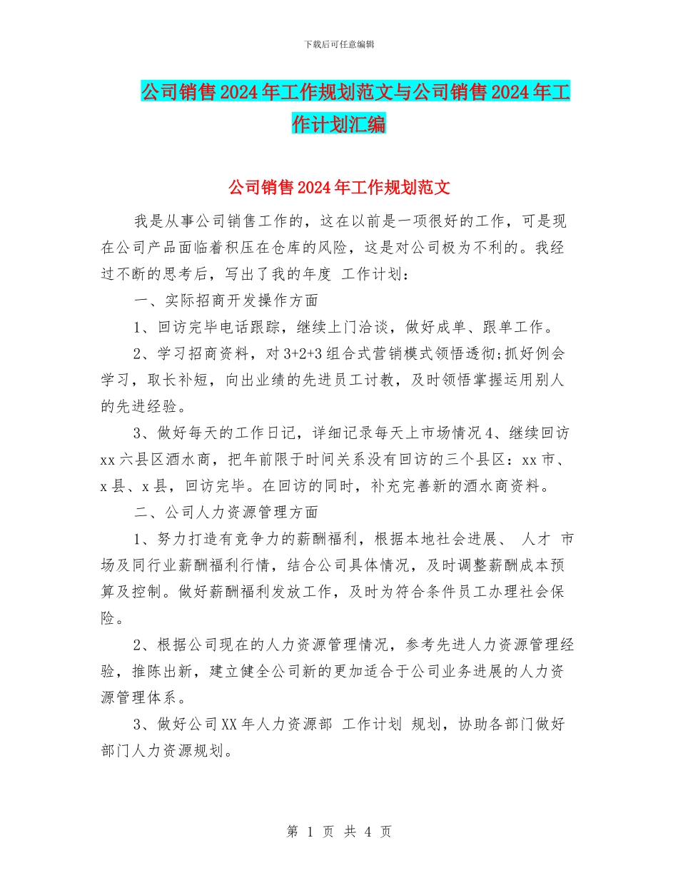 公司销售2024年工作规划范文与公司销售2024年工作计划汇编_第1页