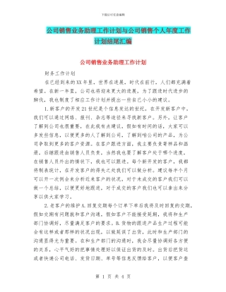 公司销售业务助理工作计划与公司销售个人年度工作计划结尾汇编