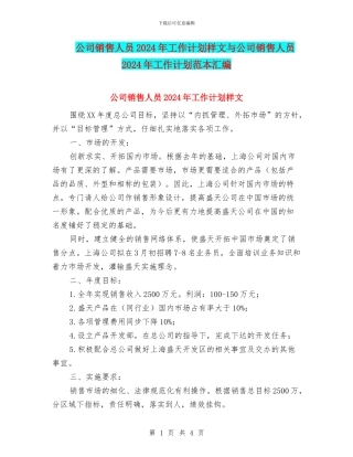 公司销售人员2024年工作计划样文与公司销售人员2024年工作计划范本汇编