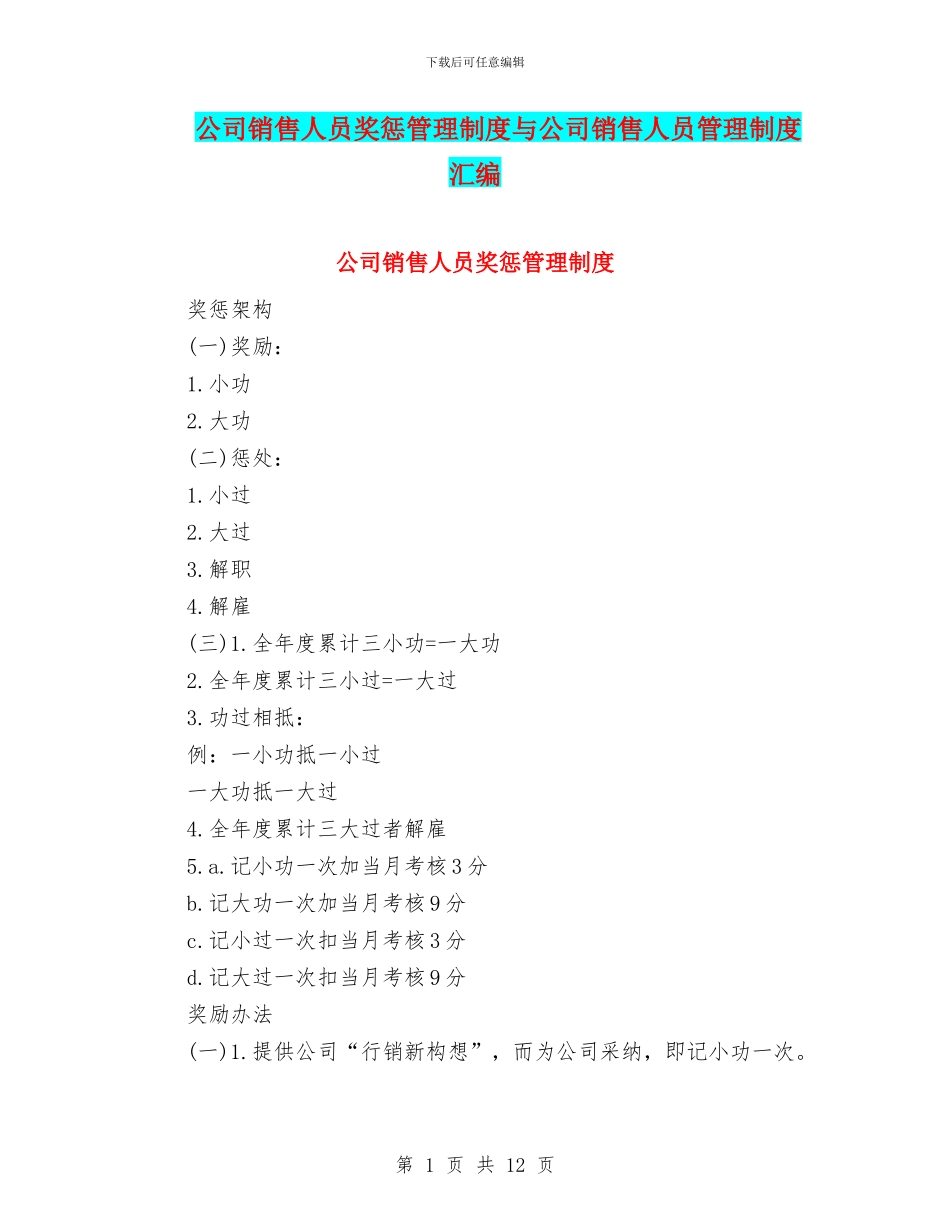 公司销售人员奖惩管理制度与公司销售人员管理制度汇编_第1页