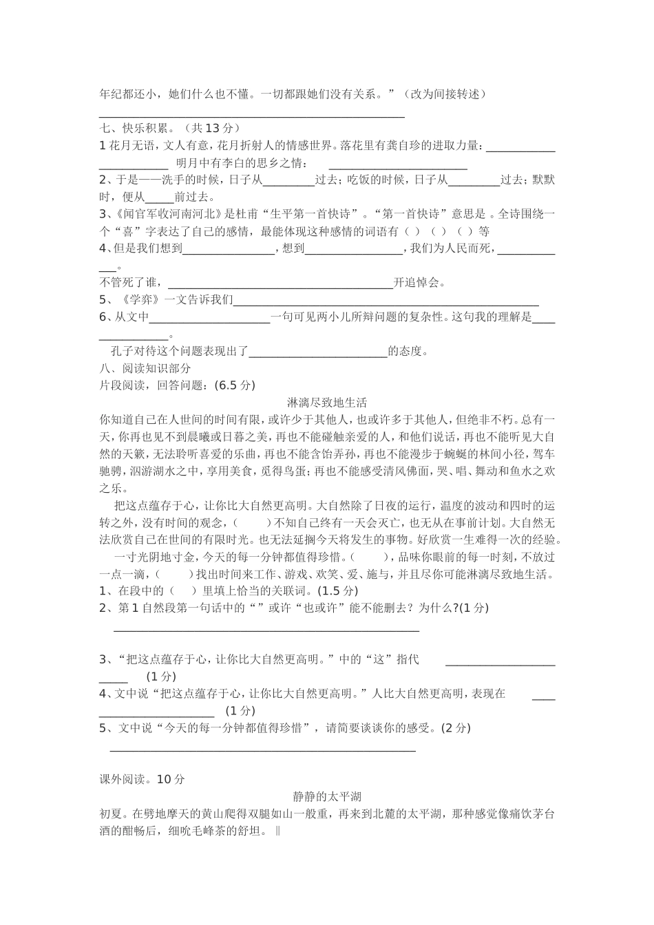 人教版小学语文六年级总复习模拟试题_第2页