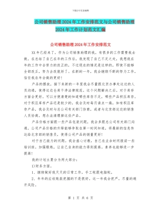 公司销售助理2024年工作安排范文与公司销售助理2024年工作计划范文汇编
