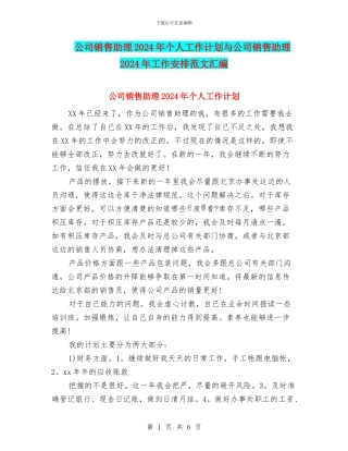 公司销售助理2024年个人工作计划与公司销售助理2024年工作安排范文汇编