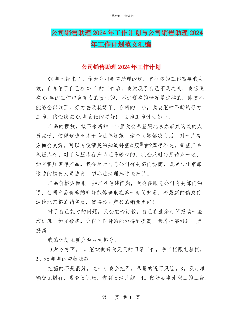 公司销售助理2024年工作计划与公司销售助理2024年工作计划范文汇编_第1页