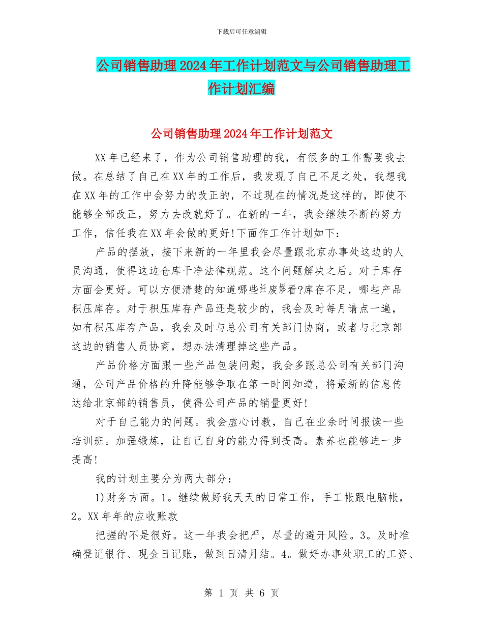 公司销售助理2024年工作计划范文与公司销售助理工作计划汇编_第1页