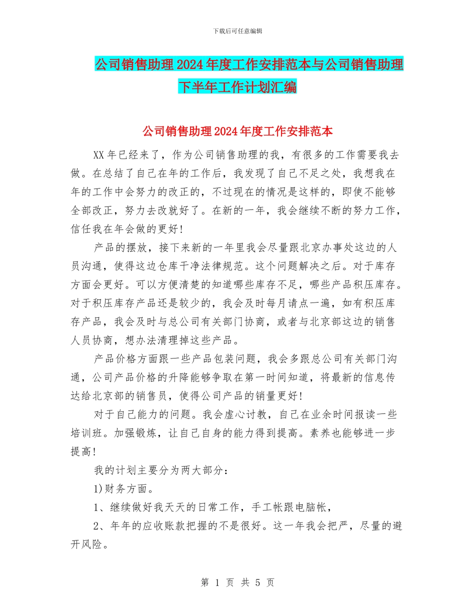 公司销售助理2024年度工作安排范本与公司销售助理下半年工作计划汇编_第1页