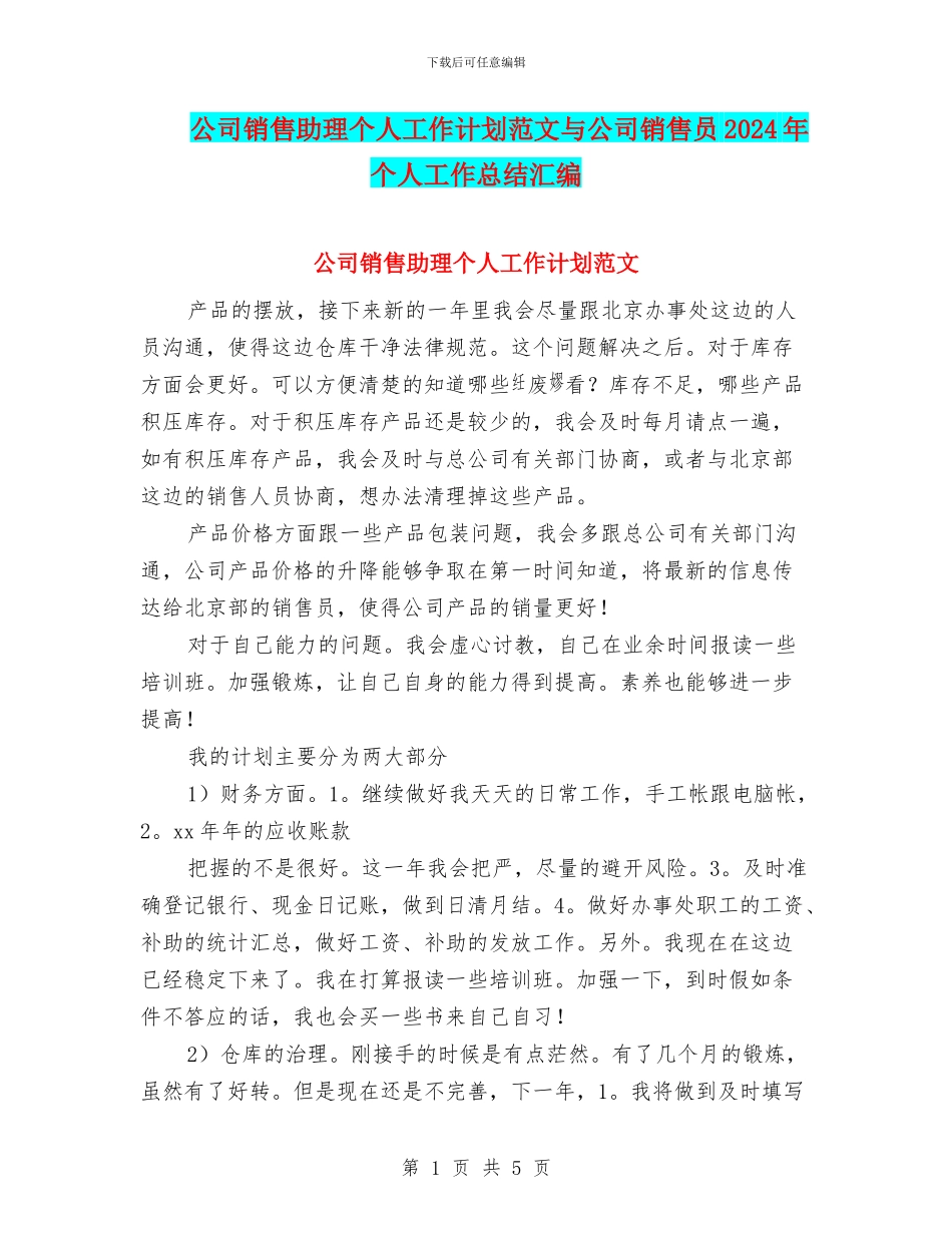 公司销售助理个人工作计划范文与公司销售员2024年个人工作总结汇编_第1页