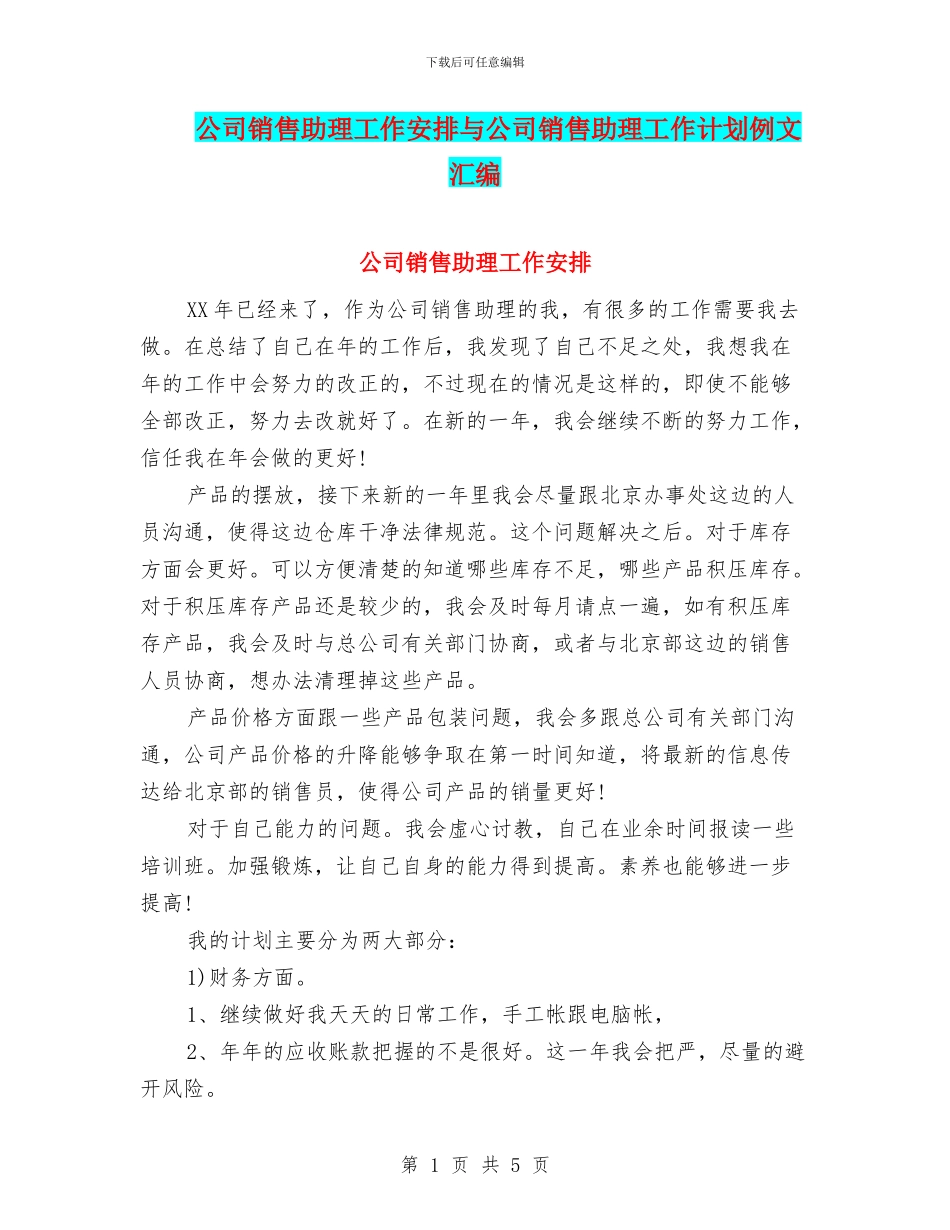 公司销售助理工作安排与公司销售助理工作计划例文汇编_第1页