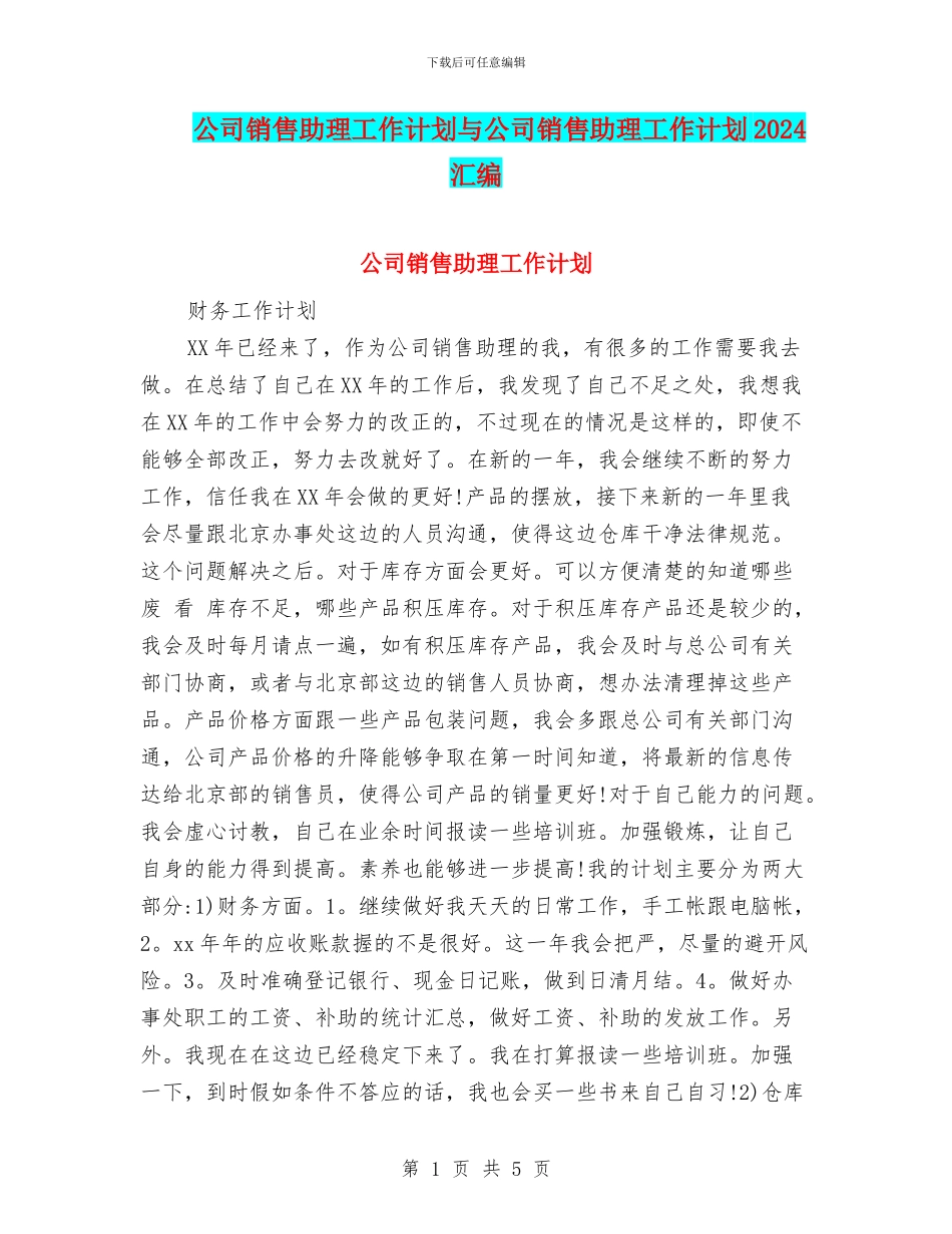 公司销售助理工作计划与公司销售助理工作计划2024汇编_第1页