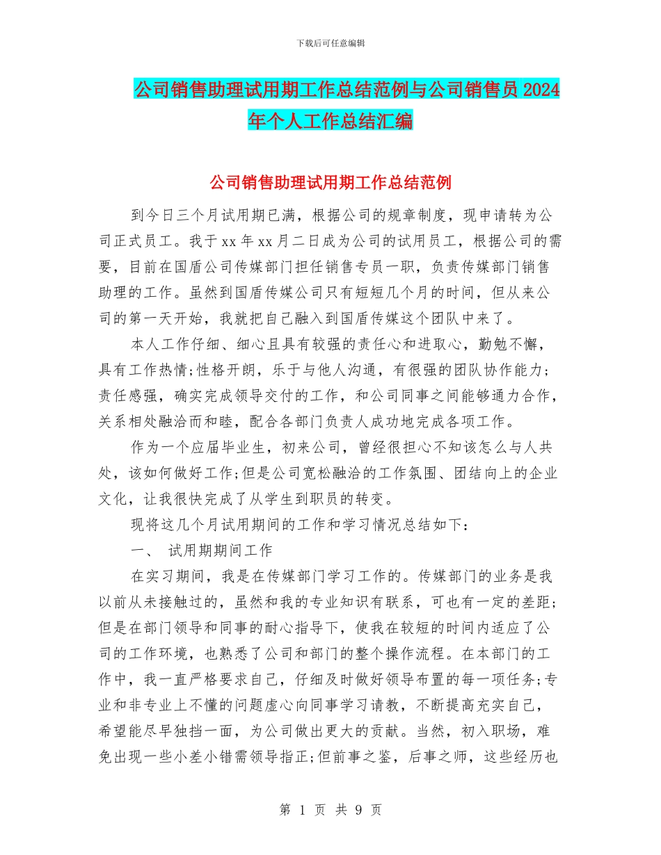 公司销售助理试用期工作总结范例与公司销售员2024年个人工作总结汇编_第1页