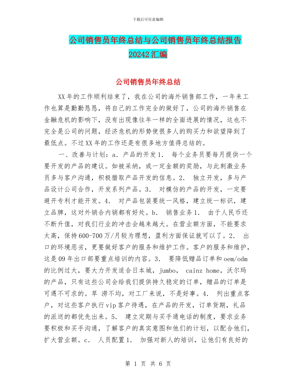 公司销售员年终总结与公司销售员年终总结报告20242汇编_第1页