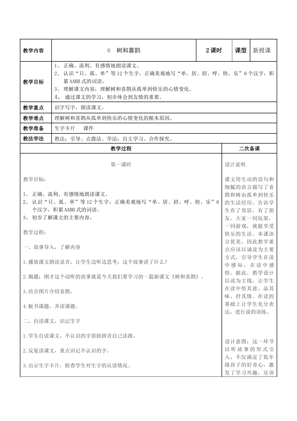 (部编)人教语文2011课标版一年级下册《6树和喜鹊》教学设计_第1页