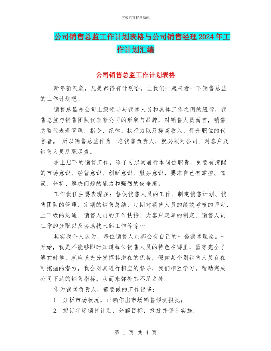 公司销售总监工作计划表格与公司销售经理2024年工作计划汇编_第1页