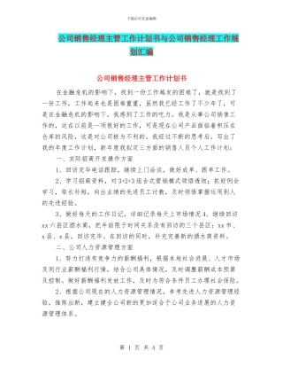 公司销售经理主管工作计划书与公司销售经理工作规划汇编