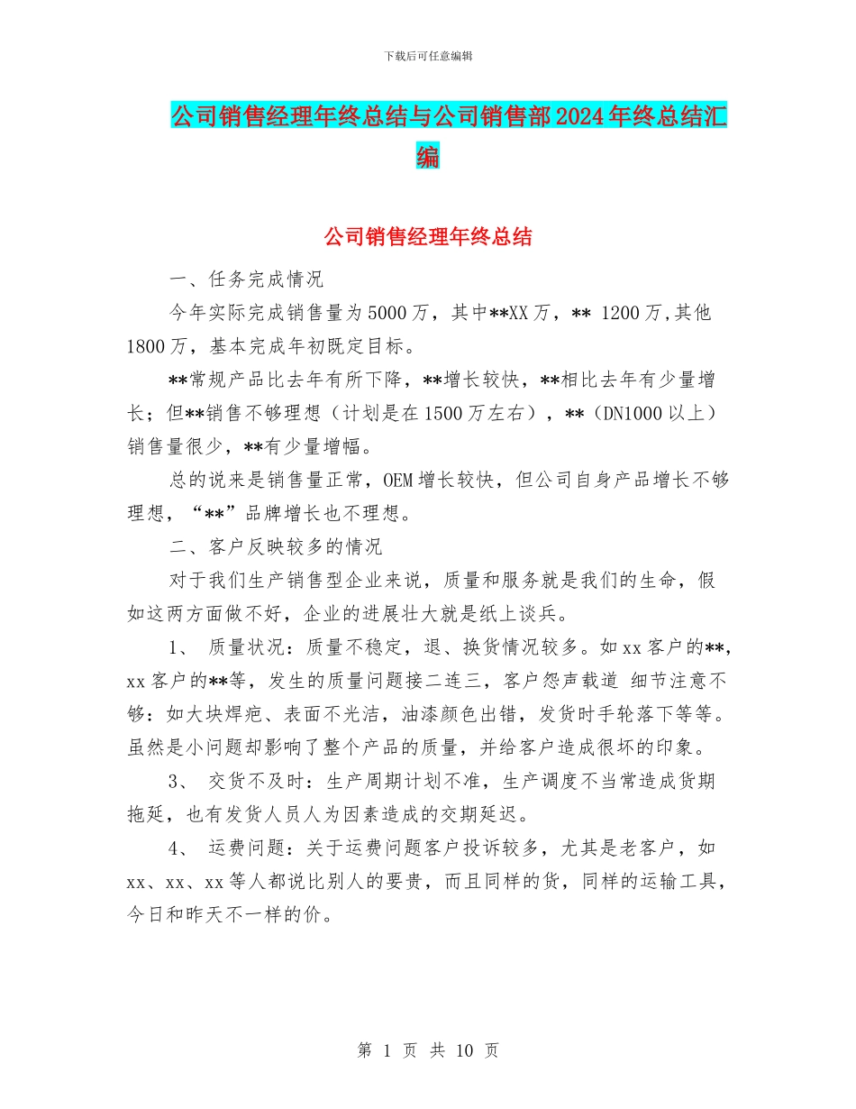 公司销售经理年终总结与公司销售部2024年终总结汇编_第1页