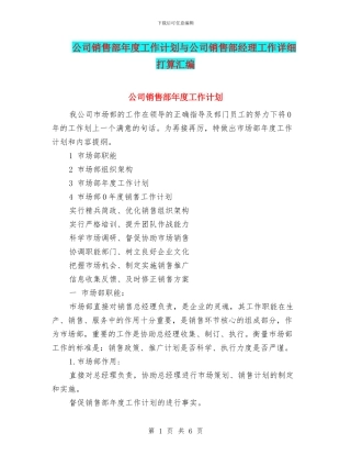 公司销售部年度工作计划与公司销售部经理工作详细打算汇编
