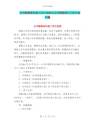 公司销售部年度工作计划表与公司销售部门工作计划汇编