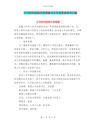 公司防汛抢险应急预案与公司食堂承诺书汇编