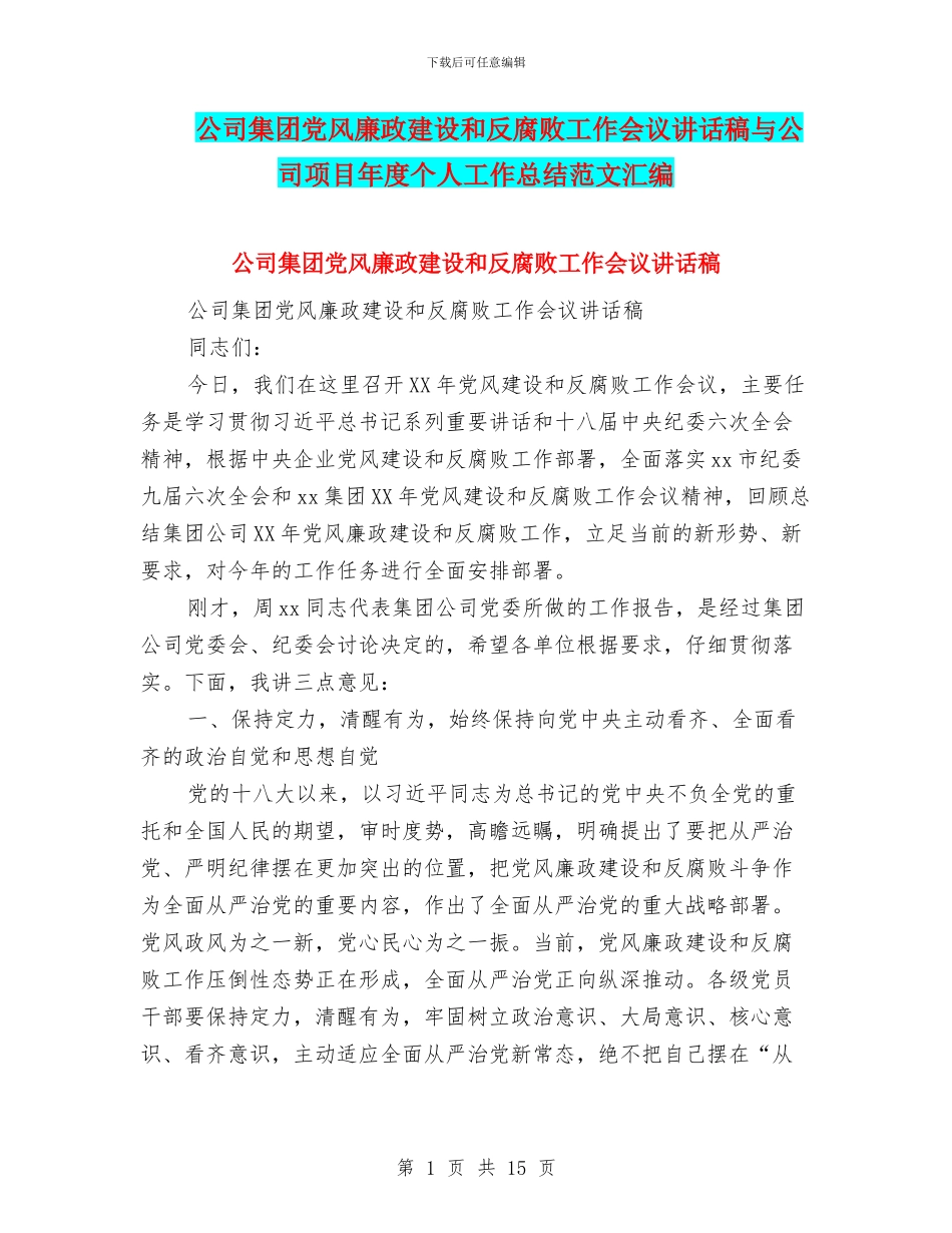 公司集团党风廉政建设和反腐败工作会议讲话稿与公司项目年度个人工作总结范文汇编_第1页
