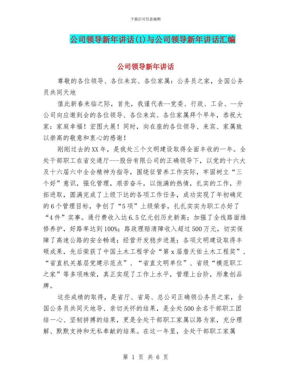 公司领导新年讲话(1)与公司领导新年讲话汇编_第1页