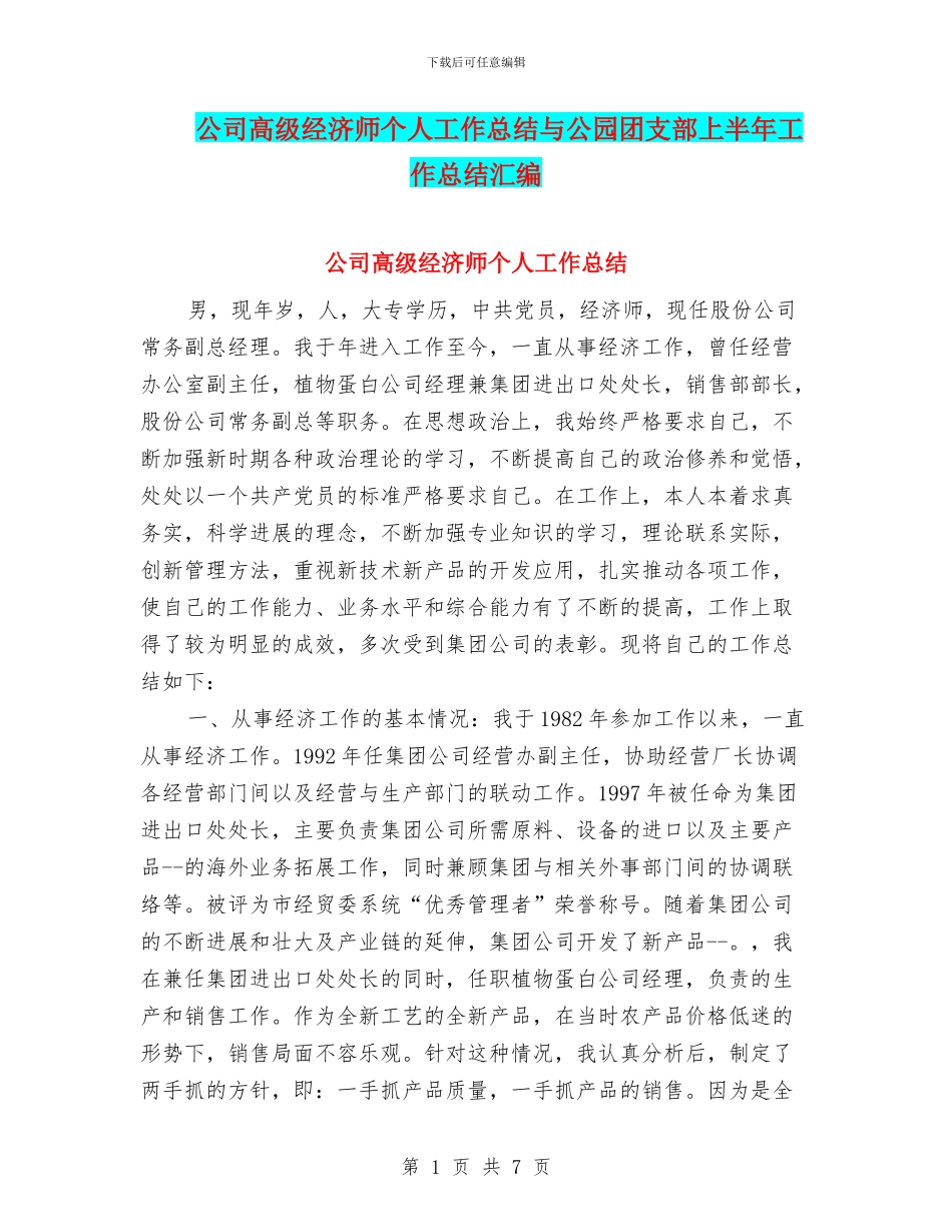 公司高级经济师个人工作总结与公园团支部上半年工作总结汇编_第1页