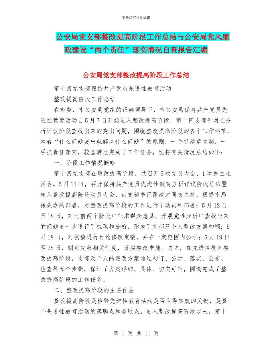公安局党支部整改提高阶段工作总结与公安局党风廉政建设“两个责任”落实情况自查报告汇编_第1页
