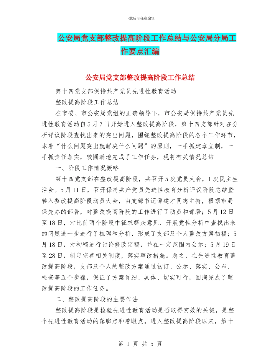 公安局党支部整改提高阶段工作总结与公安局分局工作要点汇编_第1页