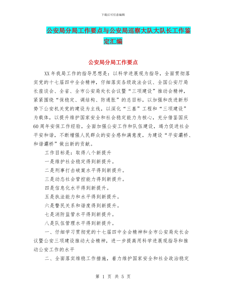 公安局分局工作要点与公安局巡察大队大队长工作鉴定汇编_第1页