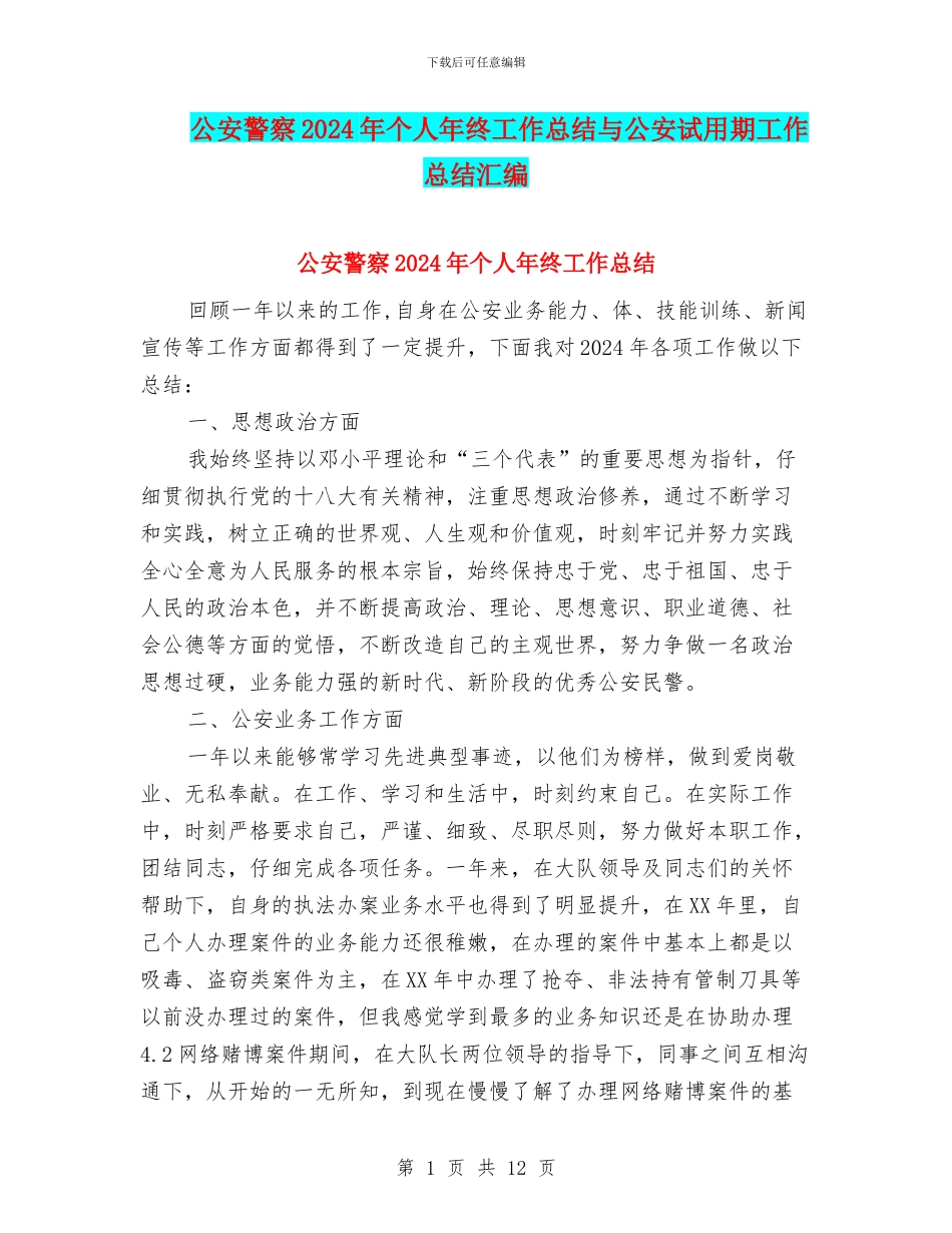 公安警察2024年个人年终工作总结与公安试用期工作总结汇编_第1页