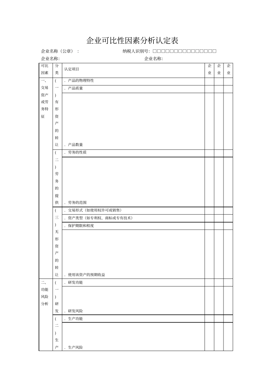 企业可比性因素分析认定表_第1页