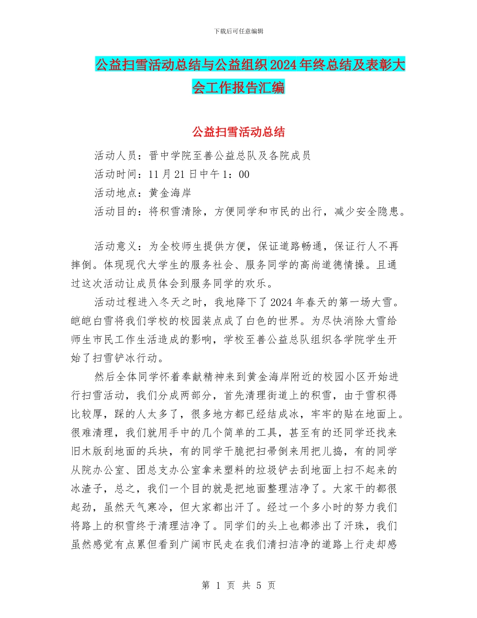 公益扫雪活动总结与公益组织2024年终总结及表彰大会工作报告汇编_第1页
