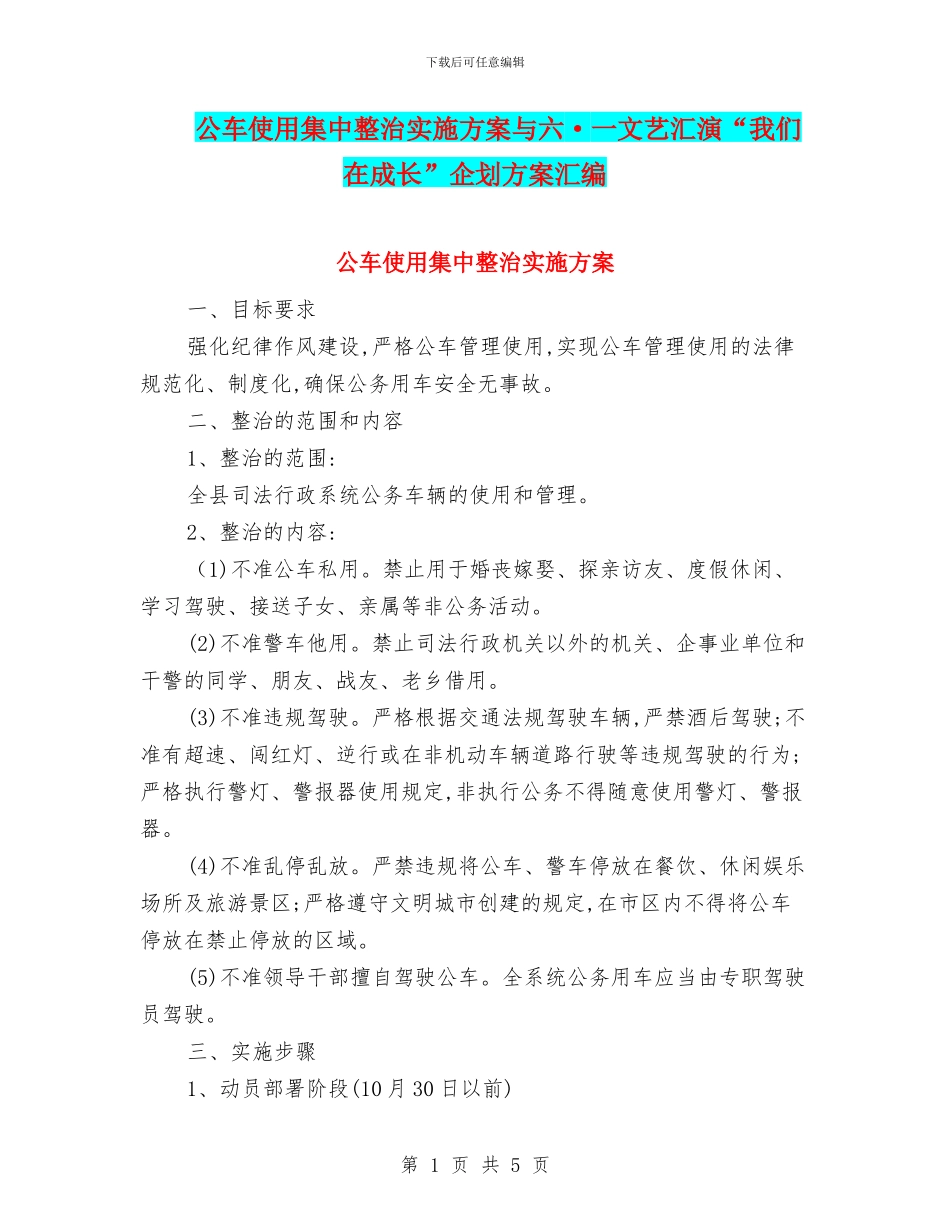 公车使用集中整治实施方案与六·一文艺汇演“我们在成长”企划方案汇编_第1页