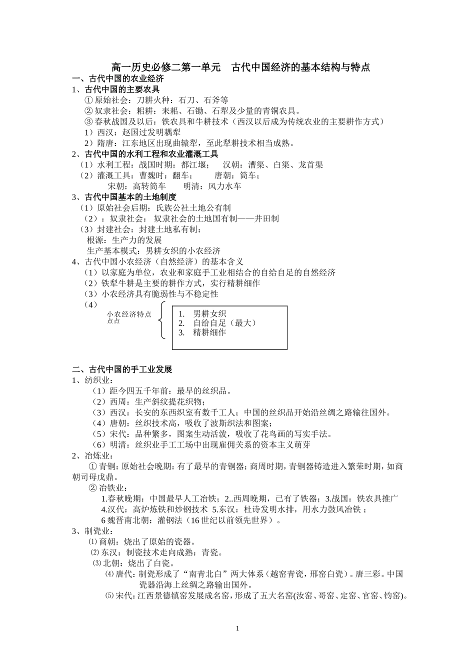 高一历史必修二第一单元古代中国经济的基本结构与特点_第1页