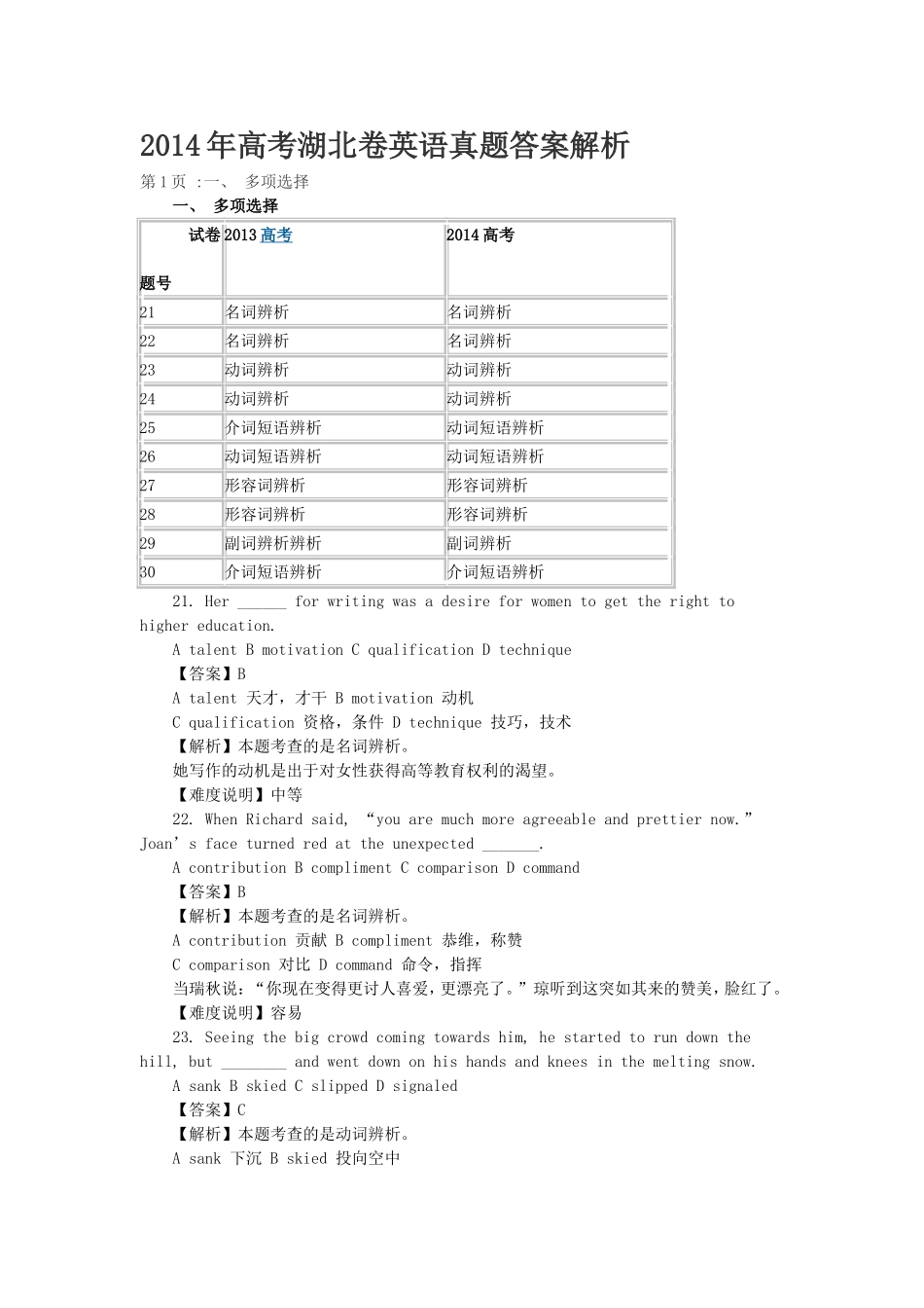 2014年高考湖北卷英语真题答案解析_第1页