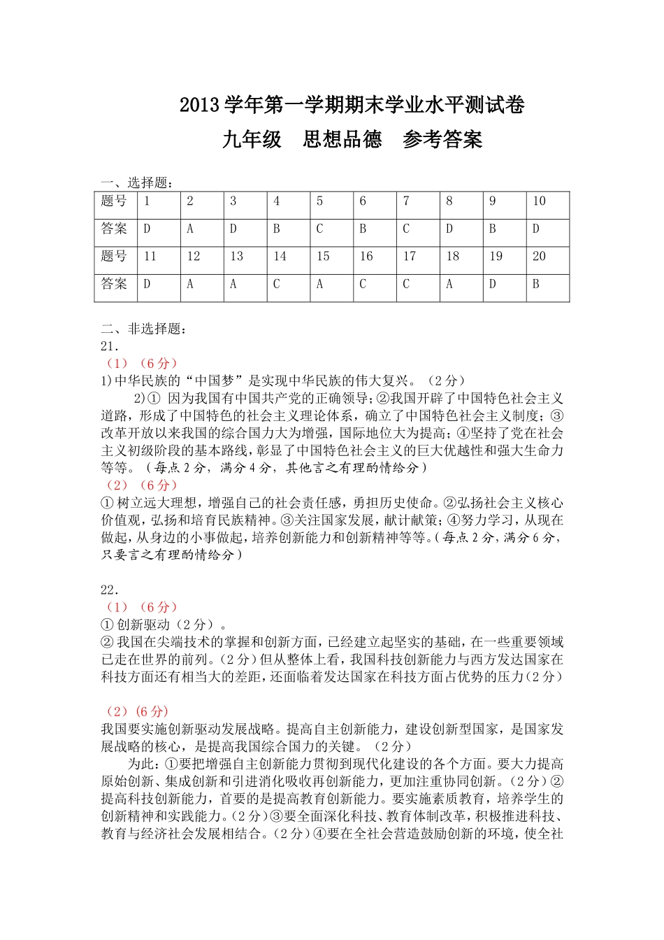 2013学年第一学期九年级思品评分细则_第1页