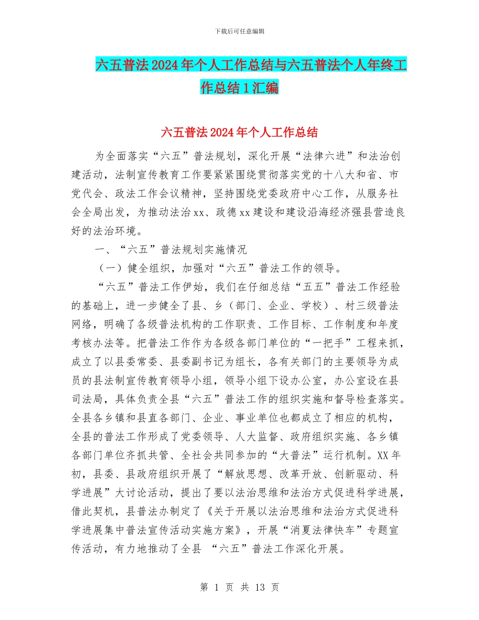 六五普法2024年个人工作总结与六五普法个人年终工作总结1汇编_第1页