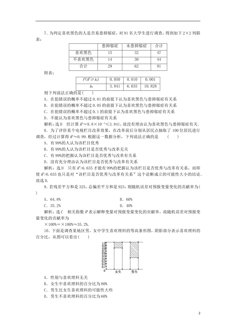 高中数学 第一章 统计案例阶段质量检测B卷（含解析）新人教A版选修1-2-新人教A版高二选修1-2数学试题_第2页