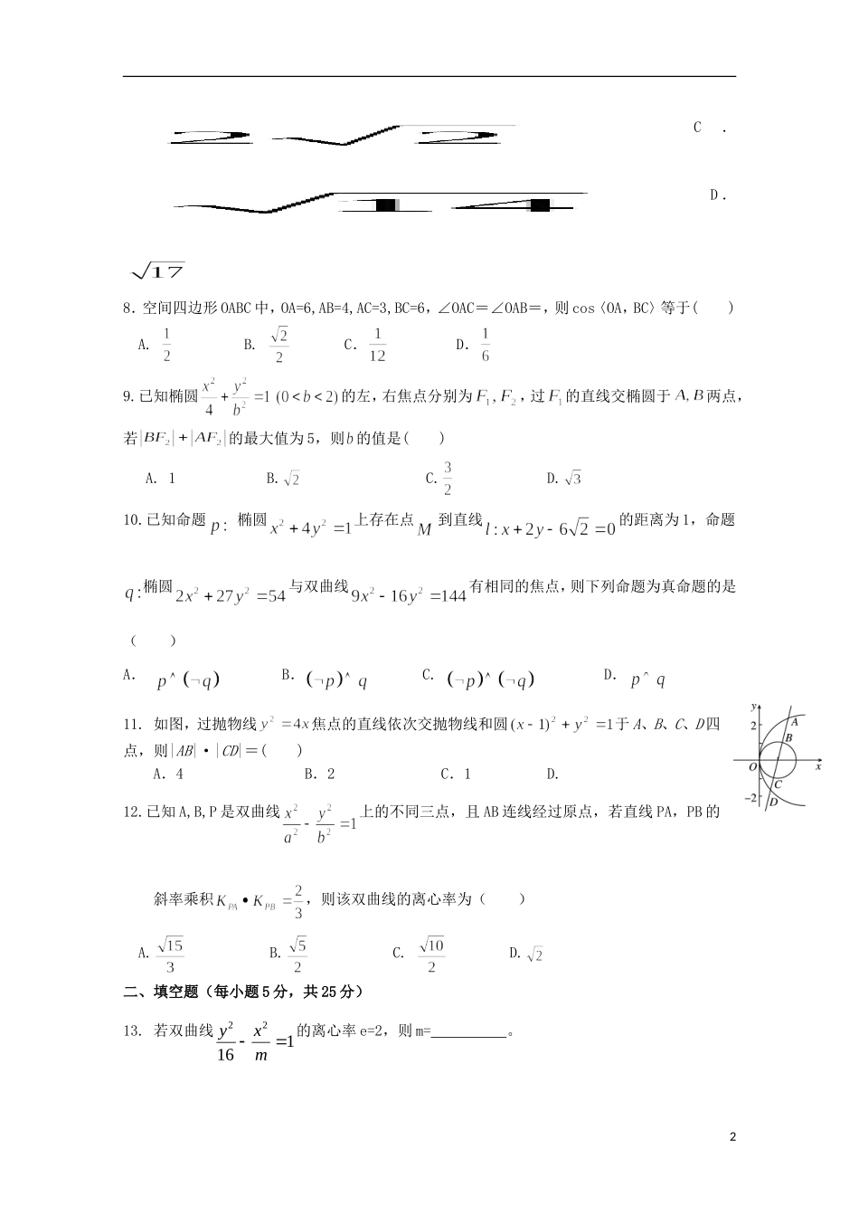 福建省晋江市高二数学上学期期中试题 理-人教版高二全册数学试题_第2页