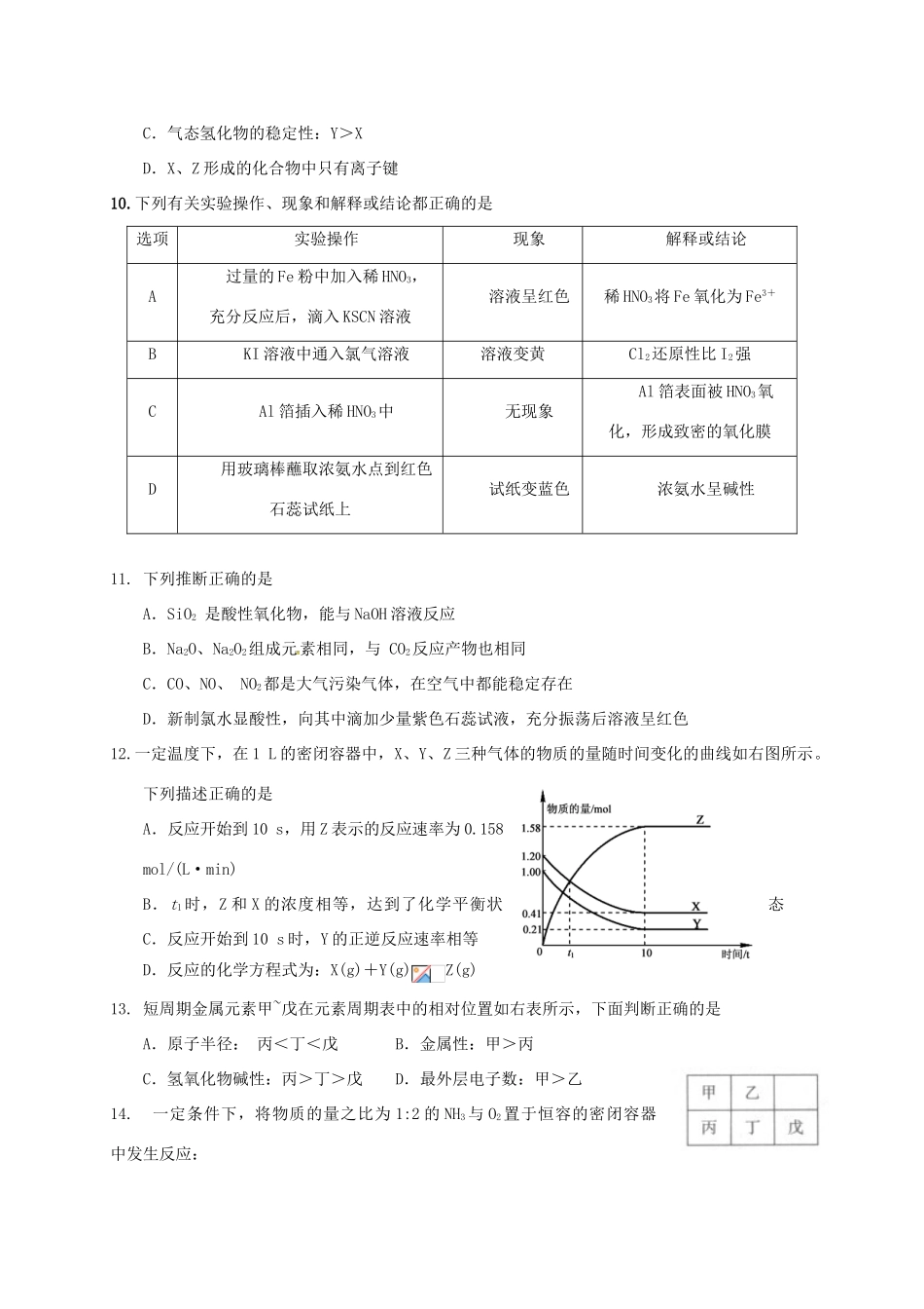 山东省滨州市邹平县高一化学下学期期中试题（三区）-人教版高一全册化学试题_第3页