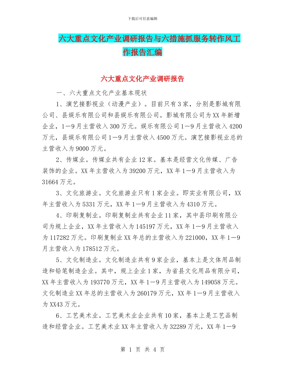 六大重点文化产业调研报告与六措施抓服务转作风工作报告汇编_第1页